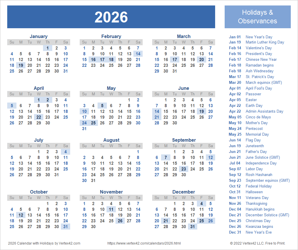 2026 Calendar Templates And Images with regard to 2026 Calendar With Holidays Printable