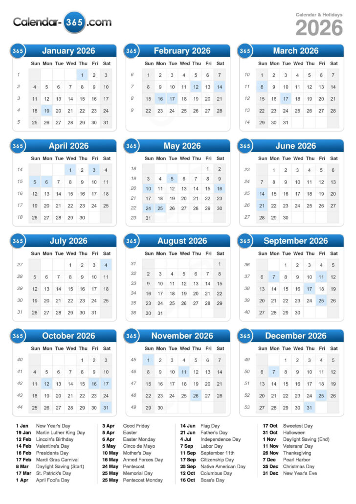 2026 Calendar with Holidays Printable