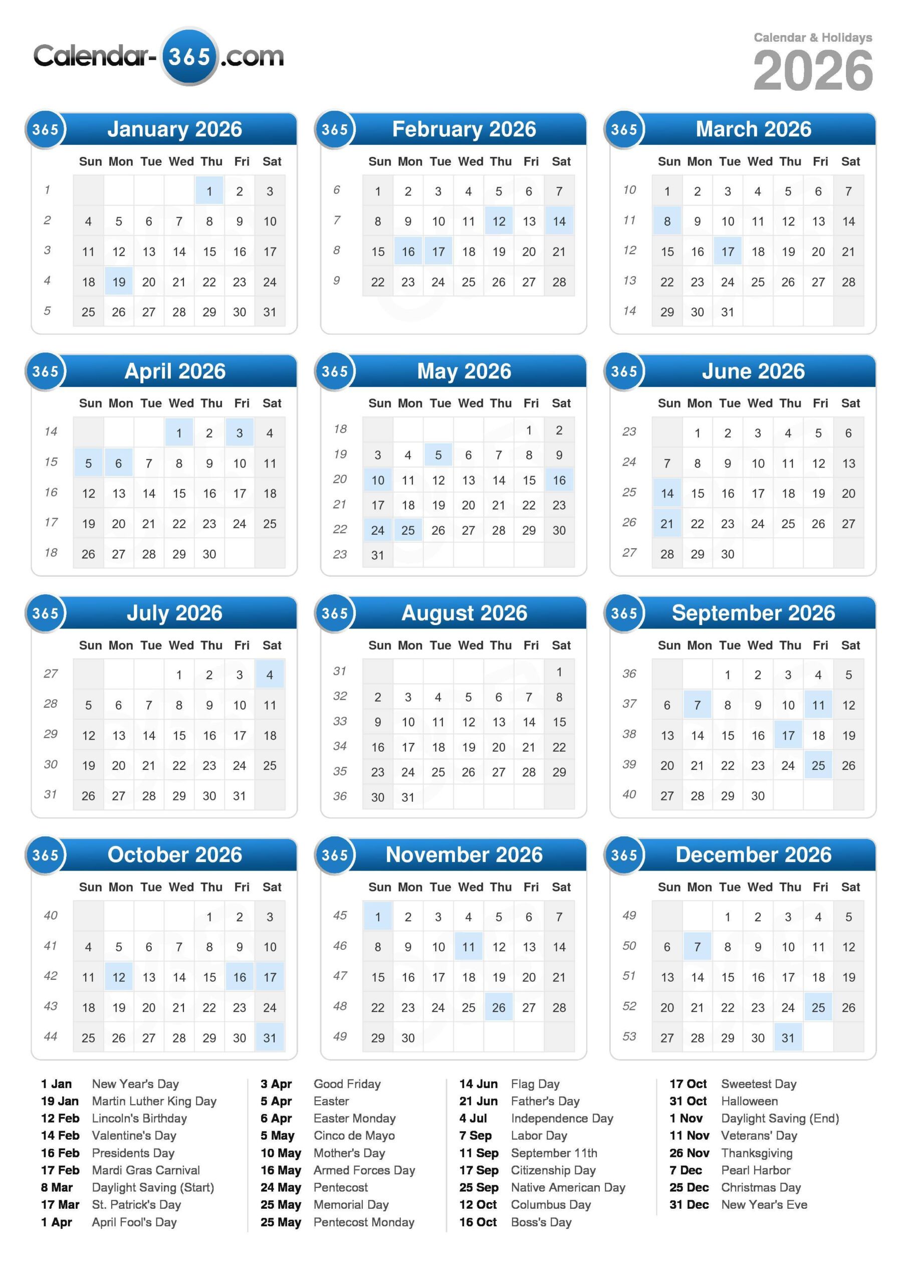 2026 Calendar throughout 2026 Calendar With Holidays Printable