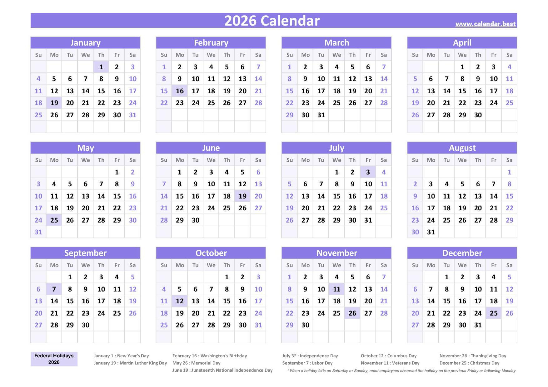 2026 Calendar With Holidays (Us Federal Holidays) inside 2026 Calendar with Holidays Printable