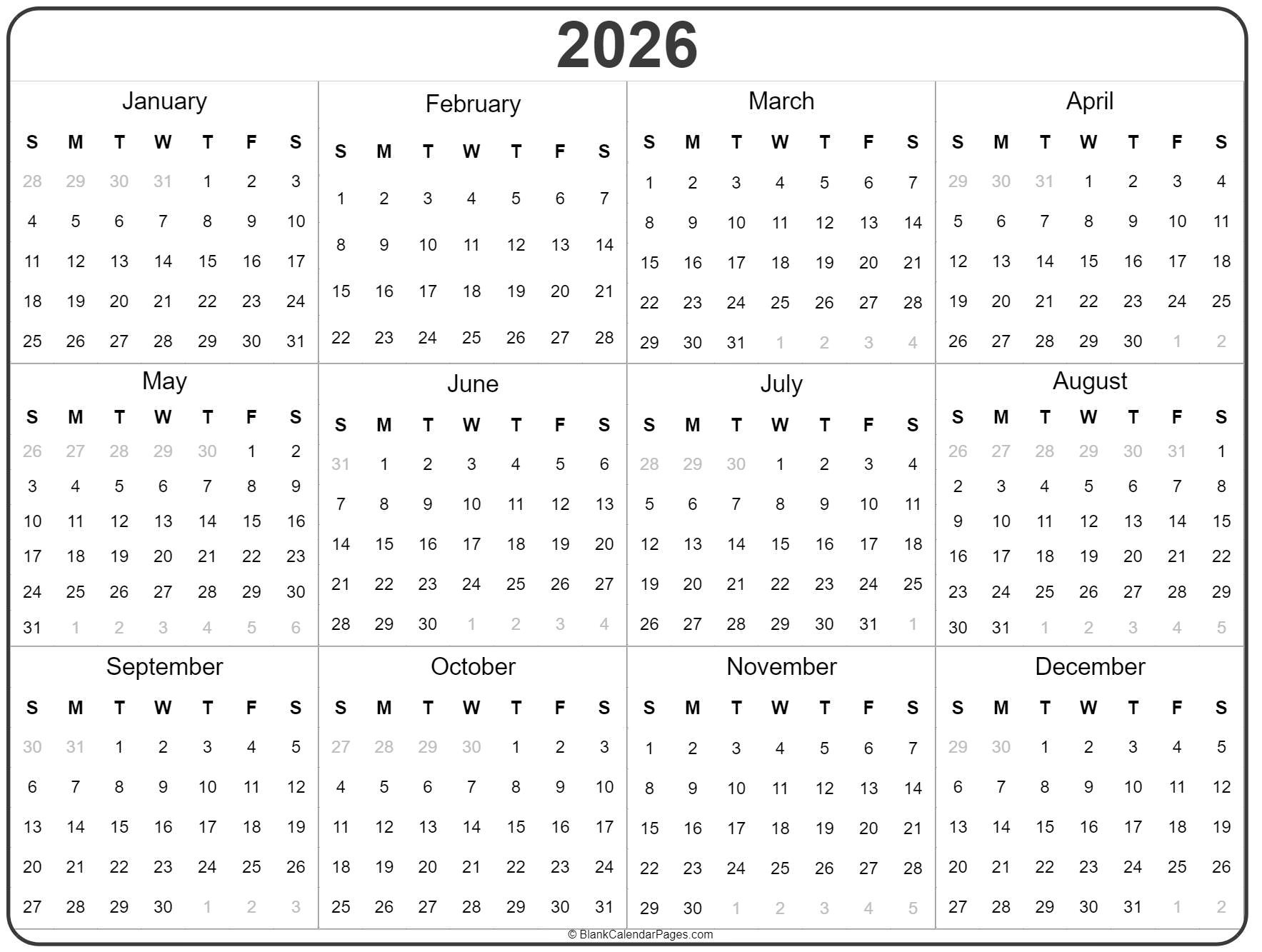 2026 Year Calendar | Yearly Printable intended for 2026 Calendar Free Printable One Page