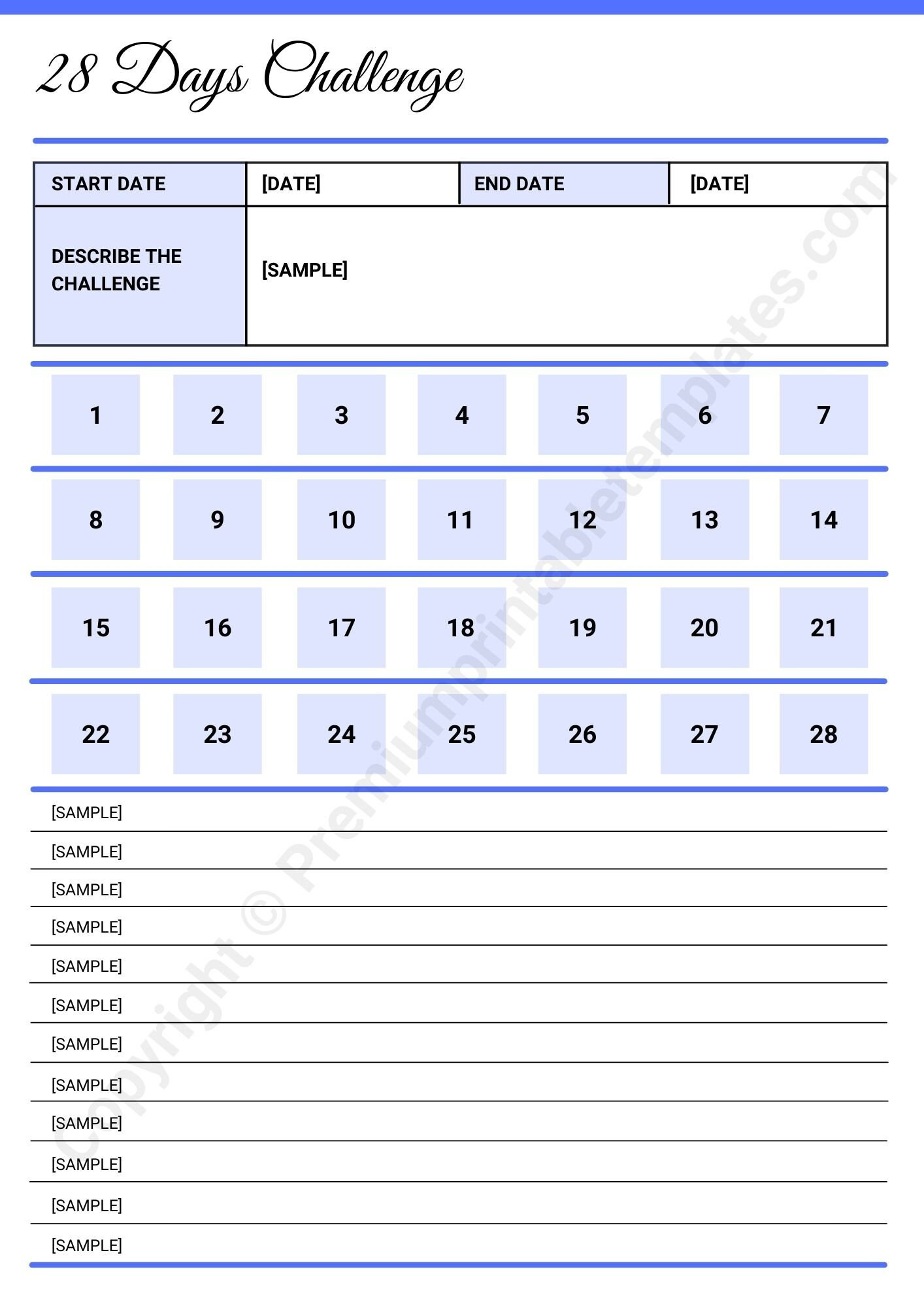 28 Day Challenge Template Printable In Pdf &amp;amp; Word Pack Of 6 - Etsy with 28 Day Calendar Printable