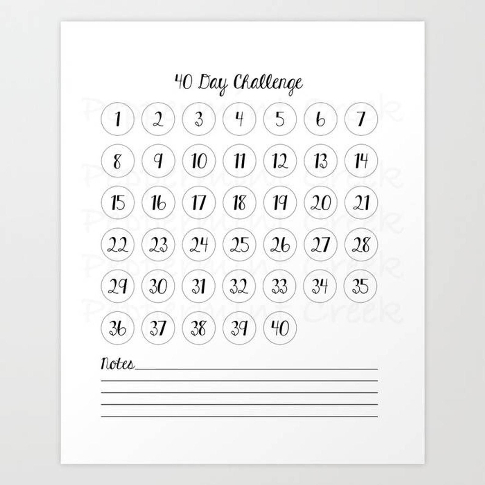 40 Day Challenge, Forty Days, Goals, Project Tracker, Wall Chart within 40 Day Calendar Printable