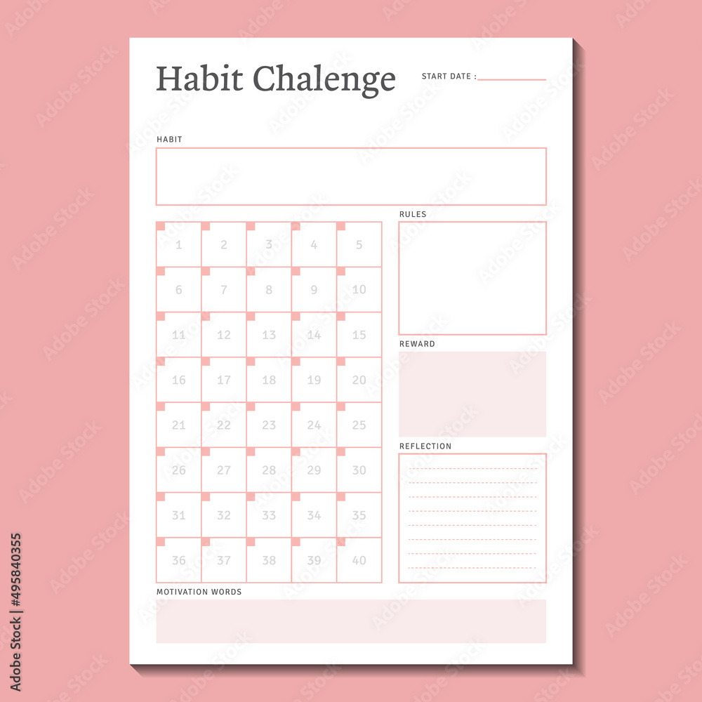 40 Day Habit Challenge Planner Daily Tracker Grid Template Vector with 40 Day Calendar Printable