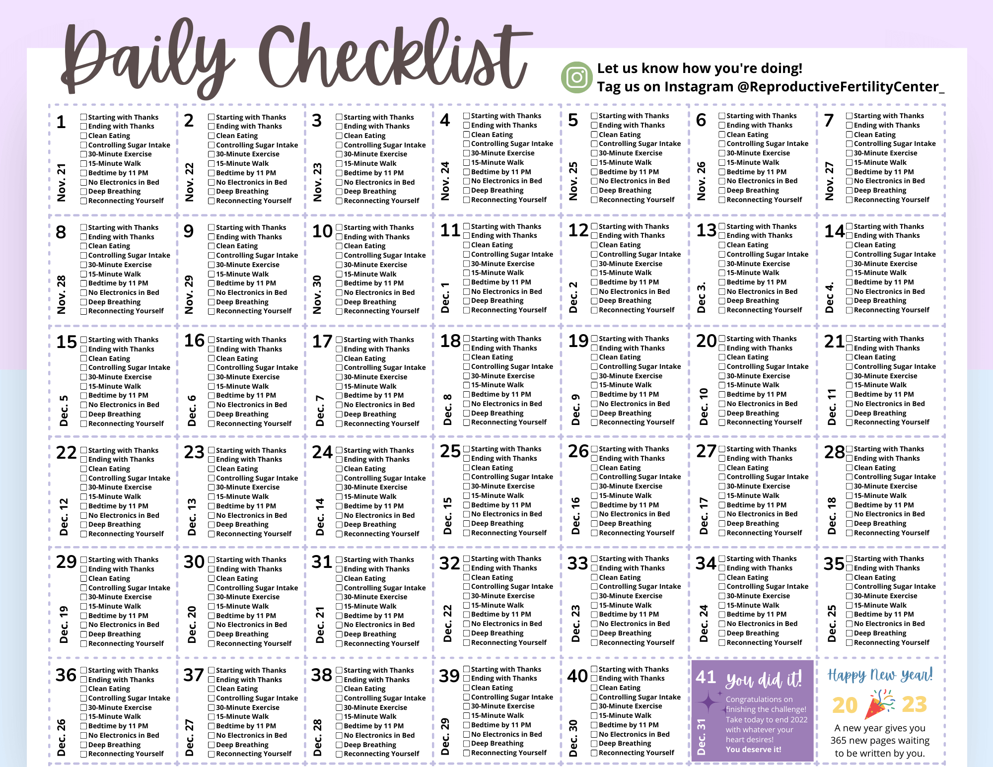 40-Day Holiday Challenge - Reproductive Fertility Center within 40 Day Calendar Printable