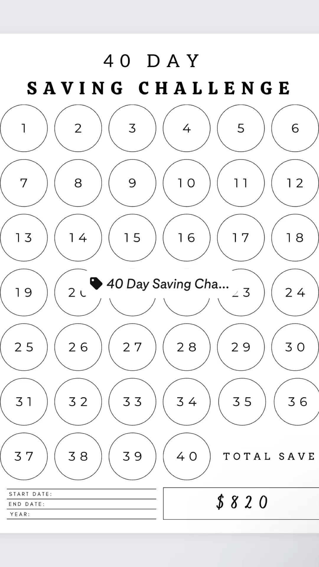 40 Day Saving Challenge inside 40 Day Calendar Printable