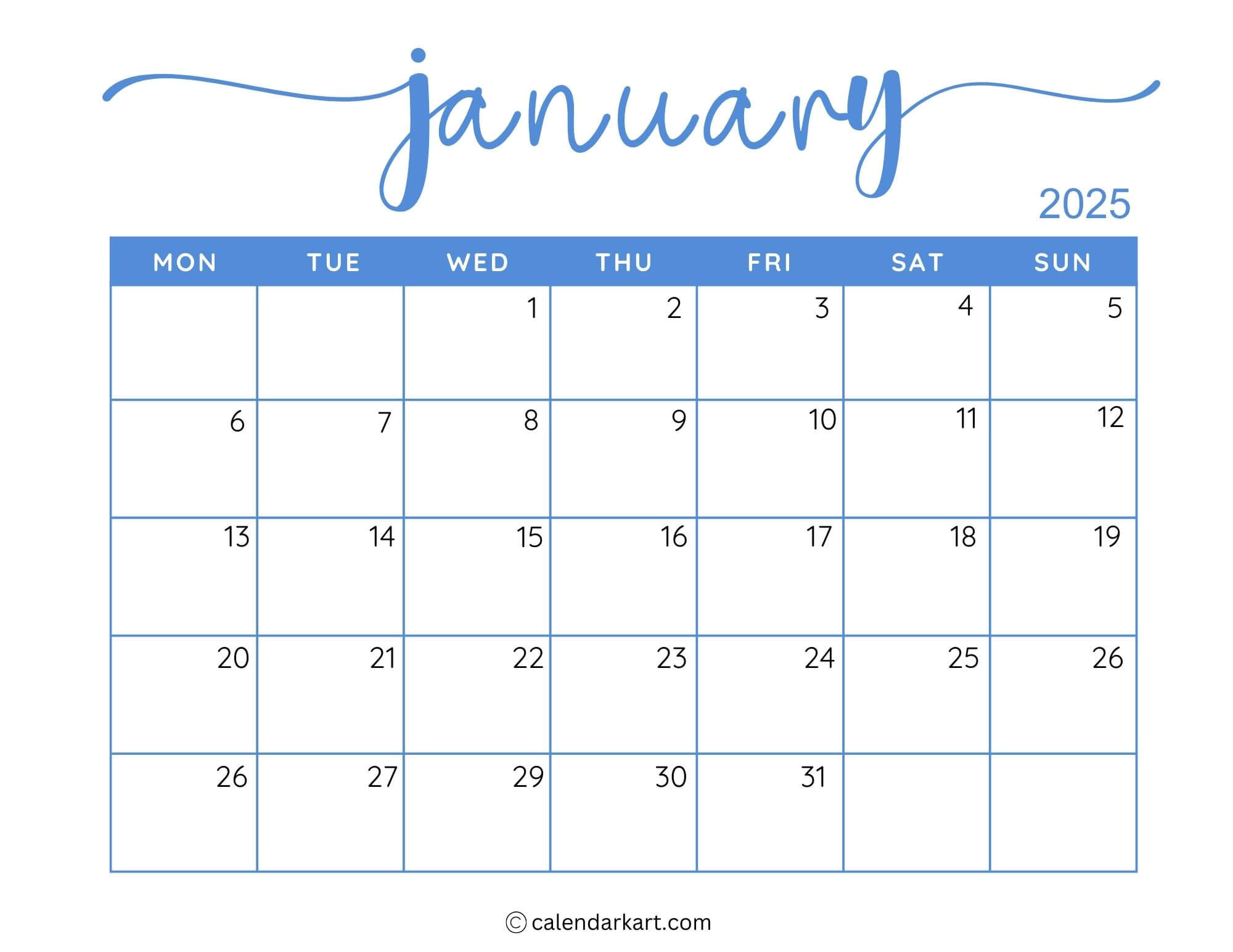 40+ Printable January 2025 Calendars | Free Pdf - Calendarkart inside Jan Calendar 2025 Printable