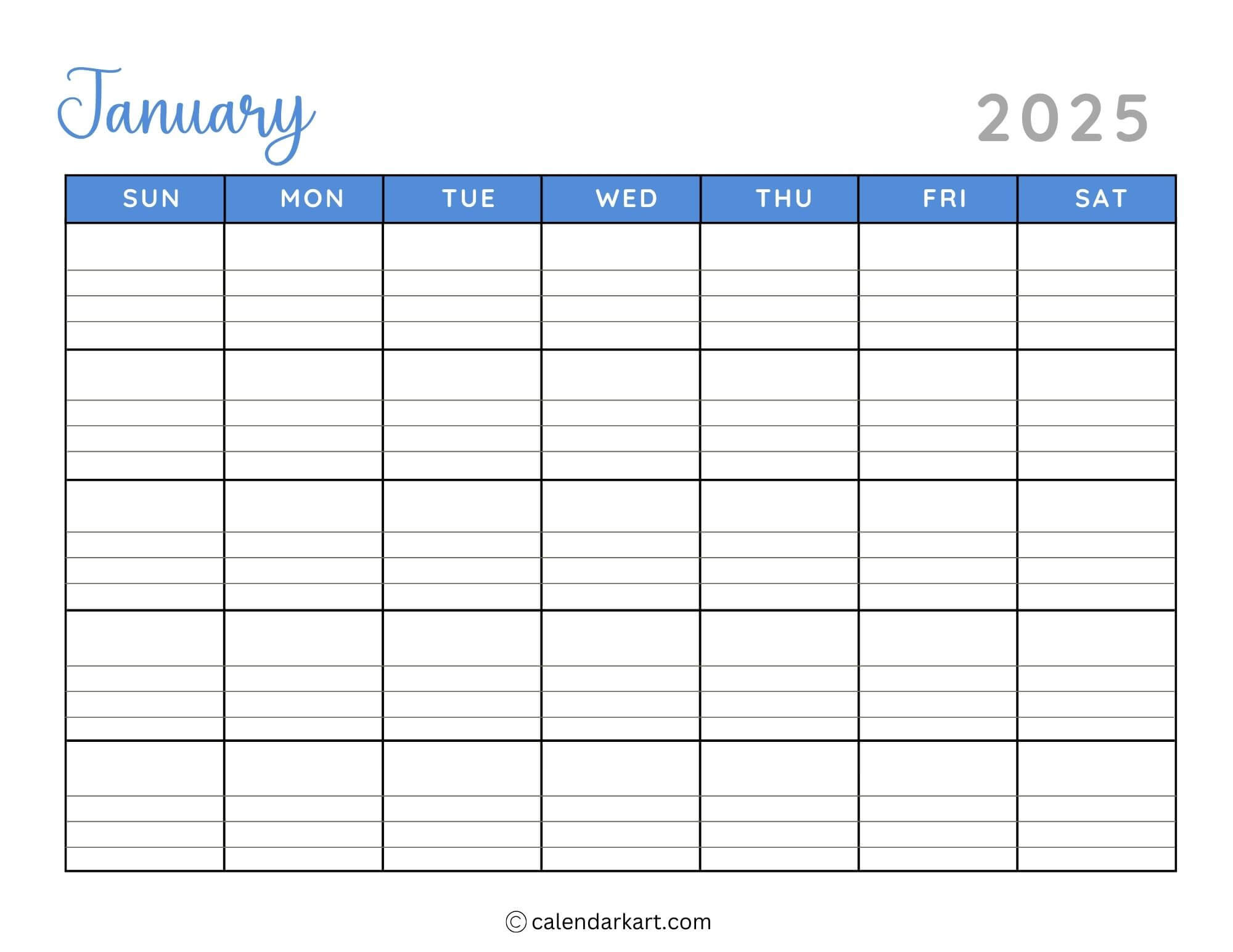 40+ Printable January 2025 Calendars | Free Pdf - Calendarkart throughout 2025 Printable Calendar with Lines