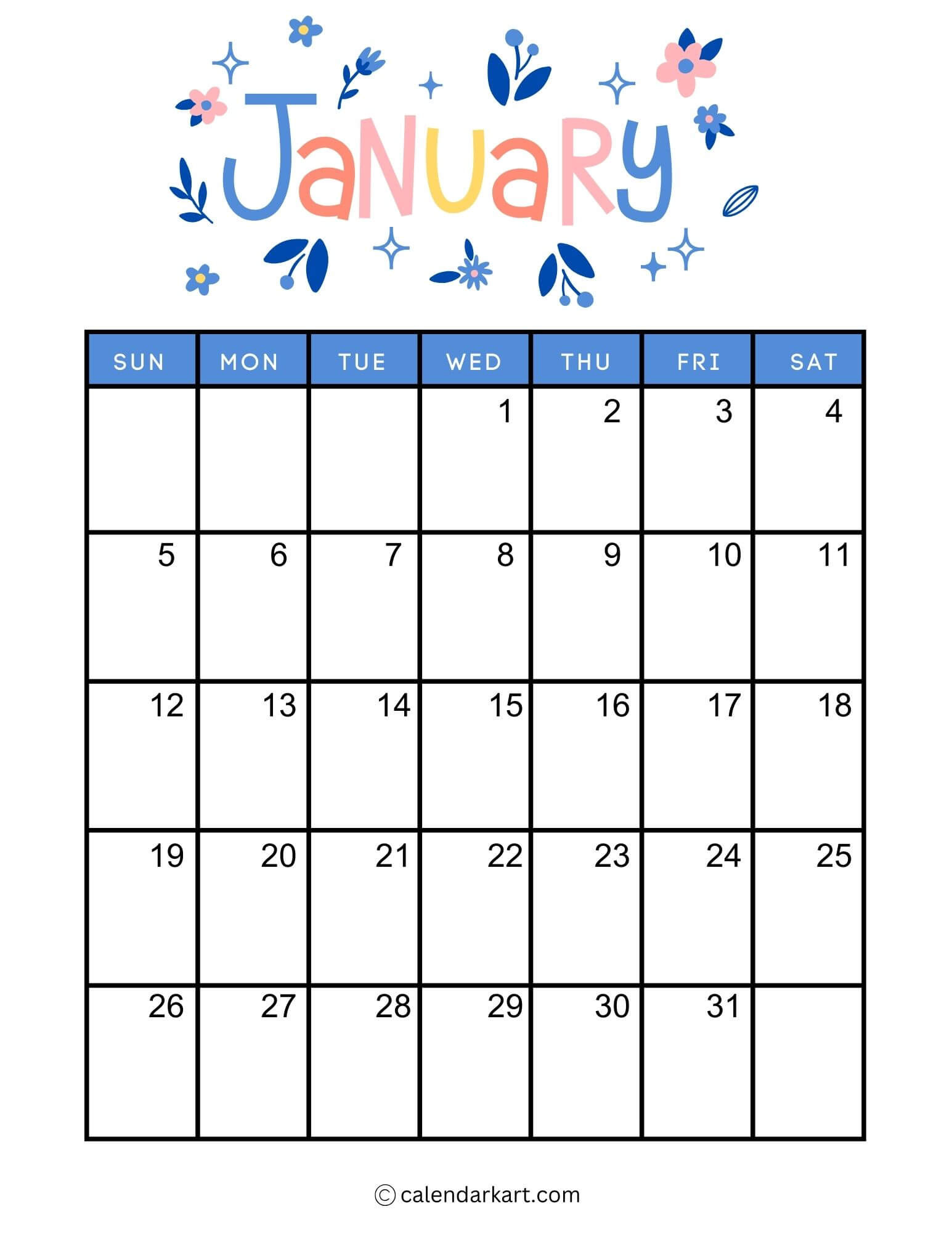 40+ Printable January 2025 Calendars | Free Pdf - Calendarkart with regard to Vertical Monthly Calendar Printable 2025