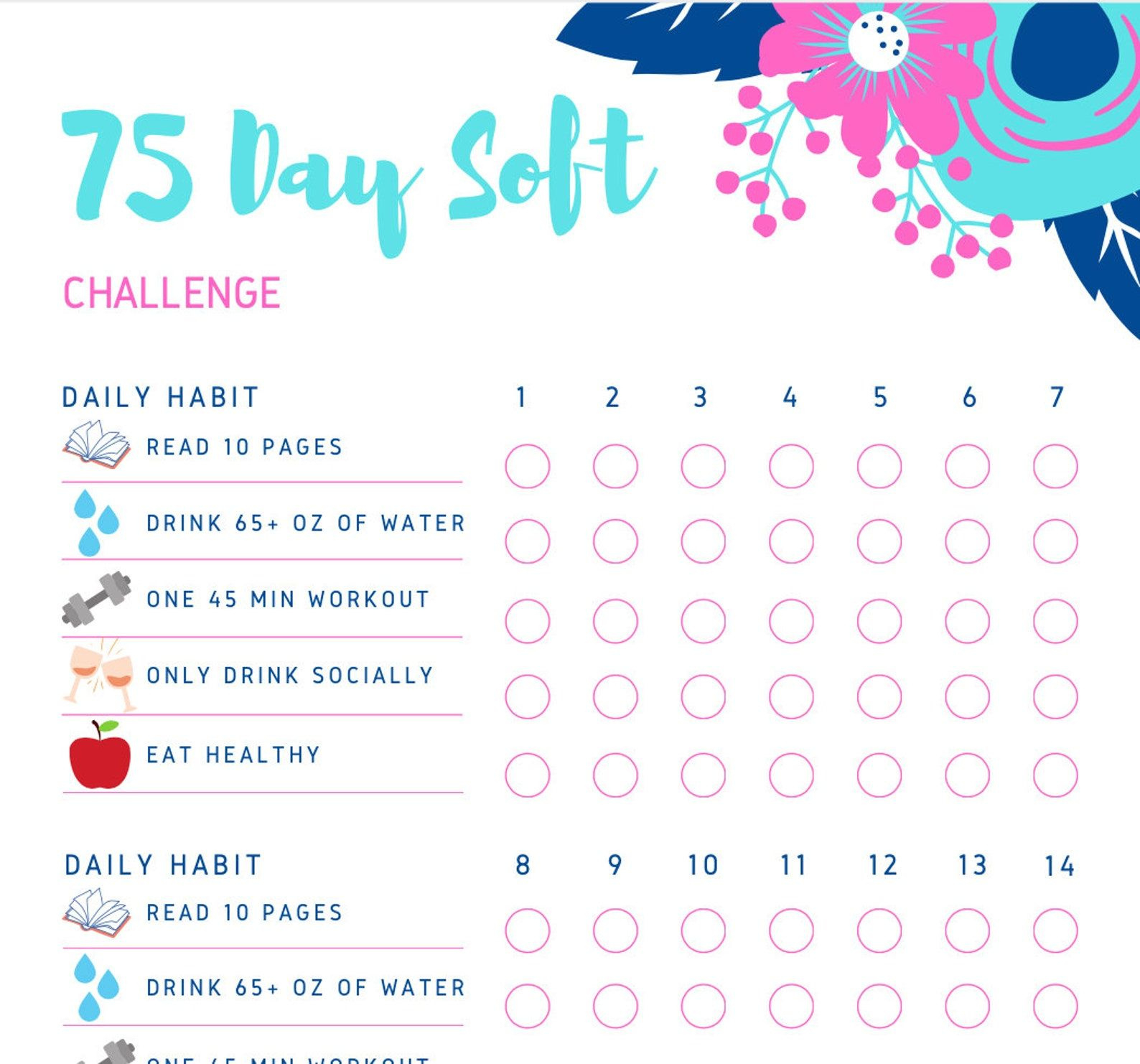 75 Soft/ Easy Challenge Habit Tracker Digital Download Printable for 75 Soft Challenge Printable Calendar