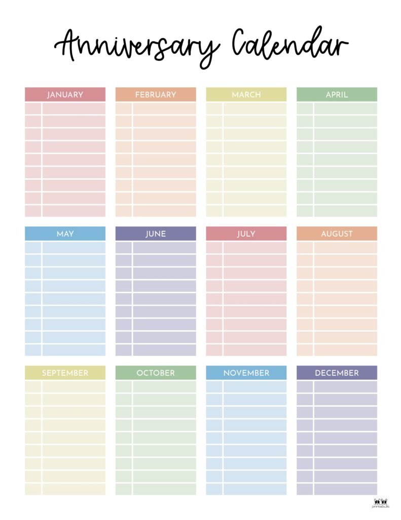 Anniversary Calendars - 8 Free Printables | Printabulls for Birthday and Anniversary Calendar 2025 Printable