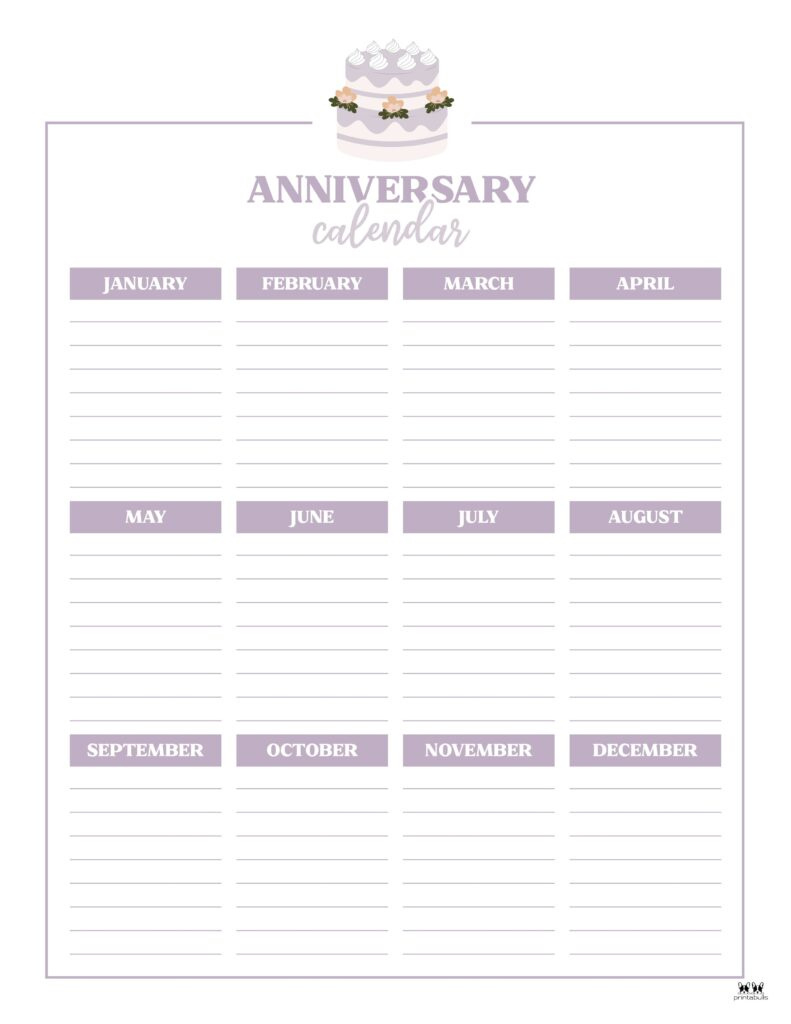 Anniversary Calendars - 8 Free Printables | Printabulls with Birthday and Anniversary Calendar 2025 Printable