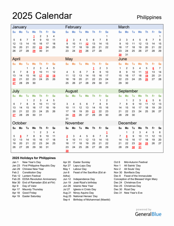 2025 Calendar Philippines with Holidays Printable