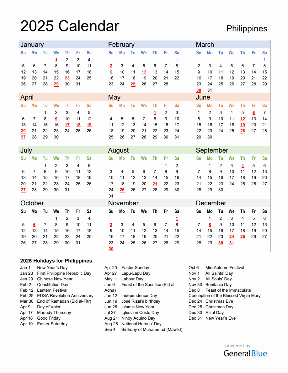 Annual Calendar 2025 With Philippines Holidays throughout 2025 Calendar Philippines with Holidays Printable