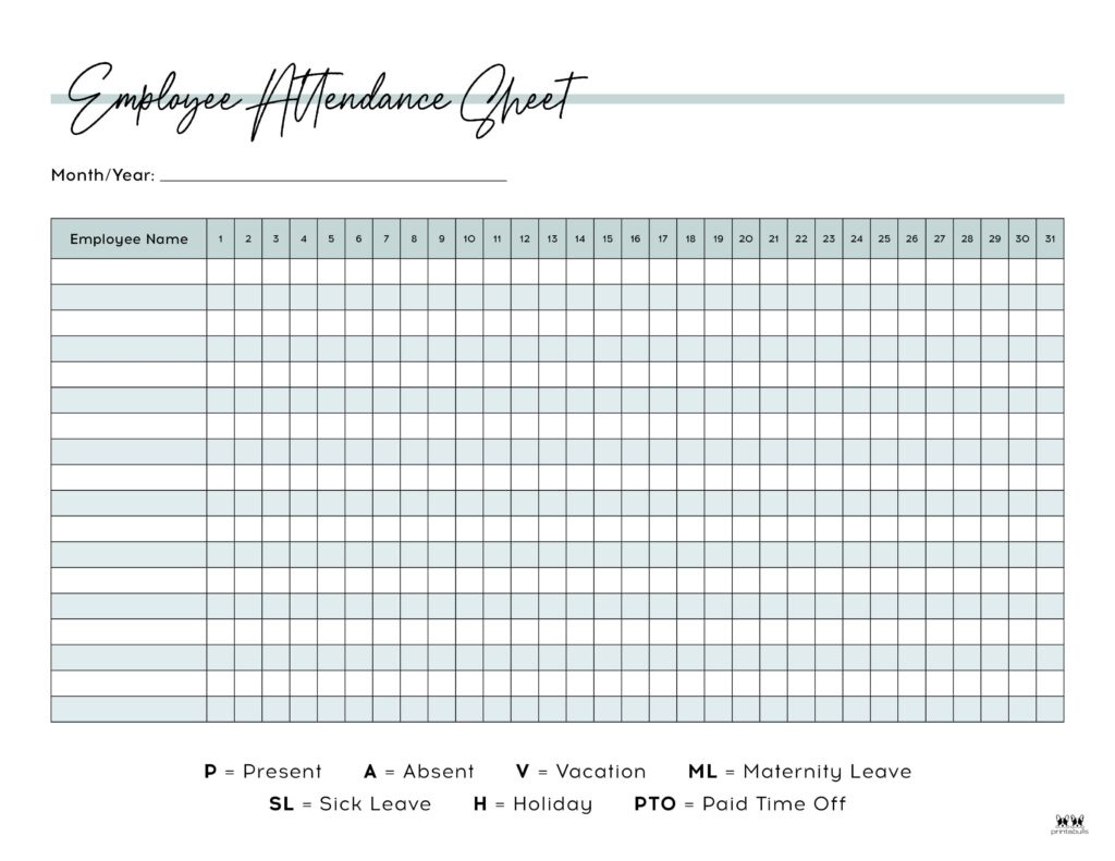 Attendance Sheets - 52 Free Printables | Printabulls for 2025 Employee Attendance Calendar Free Printable