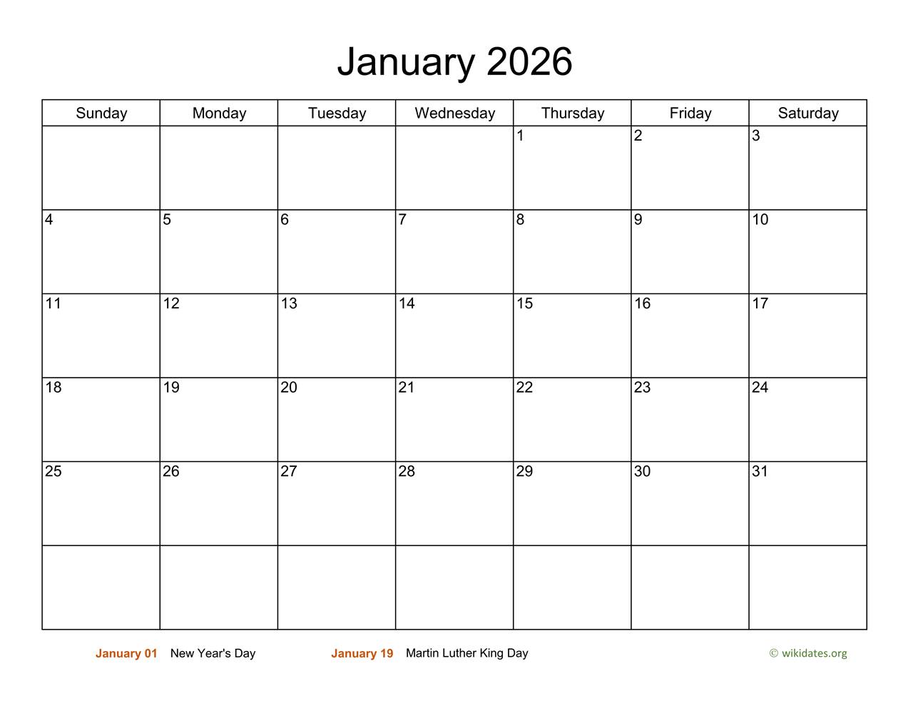 Basic Calendar For January 2026 | Wikidates regarding January 2026 Calendar Printable Wiki