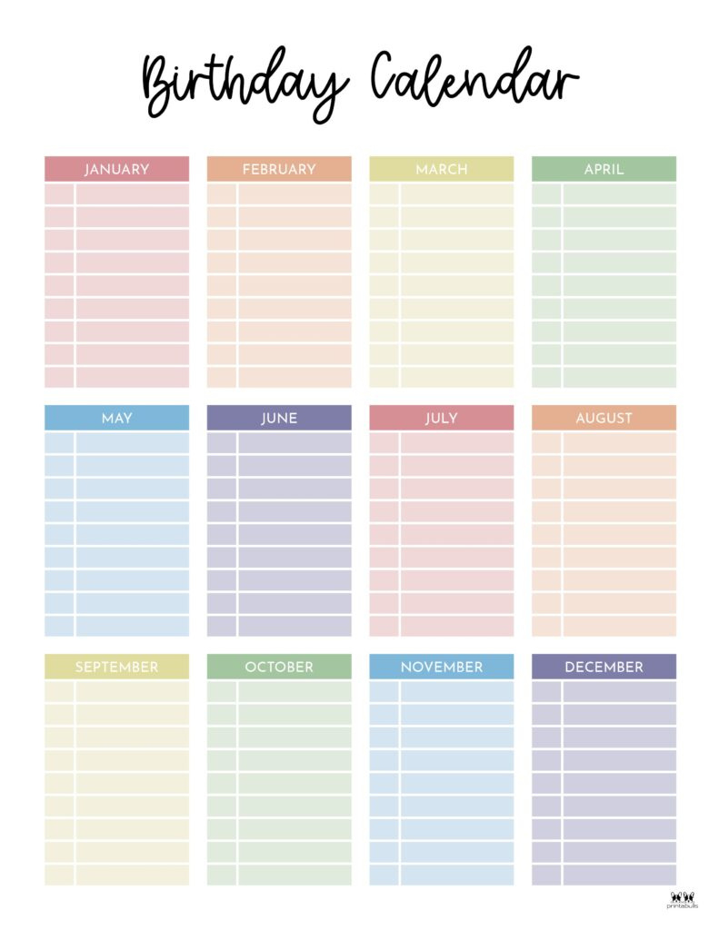 Birthday Calendars &amp;amp; Trackers - 20 Free Printables | Printabulls with regard to Printable Family Birthday Calendar 2025