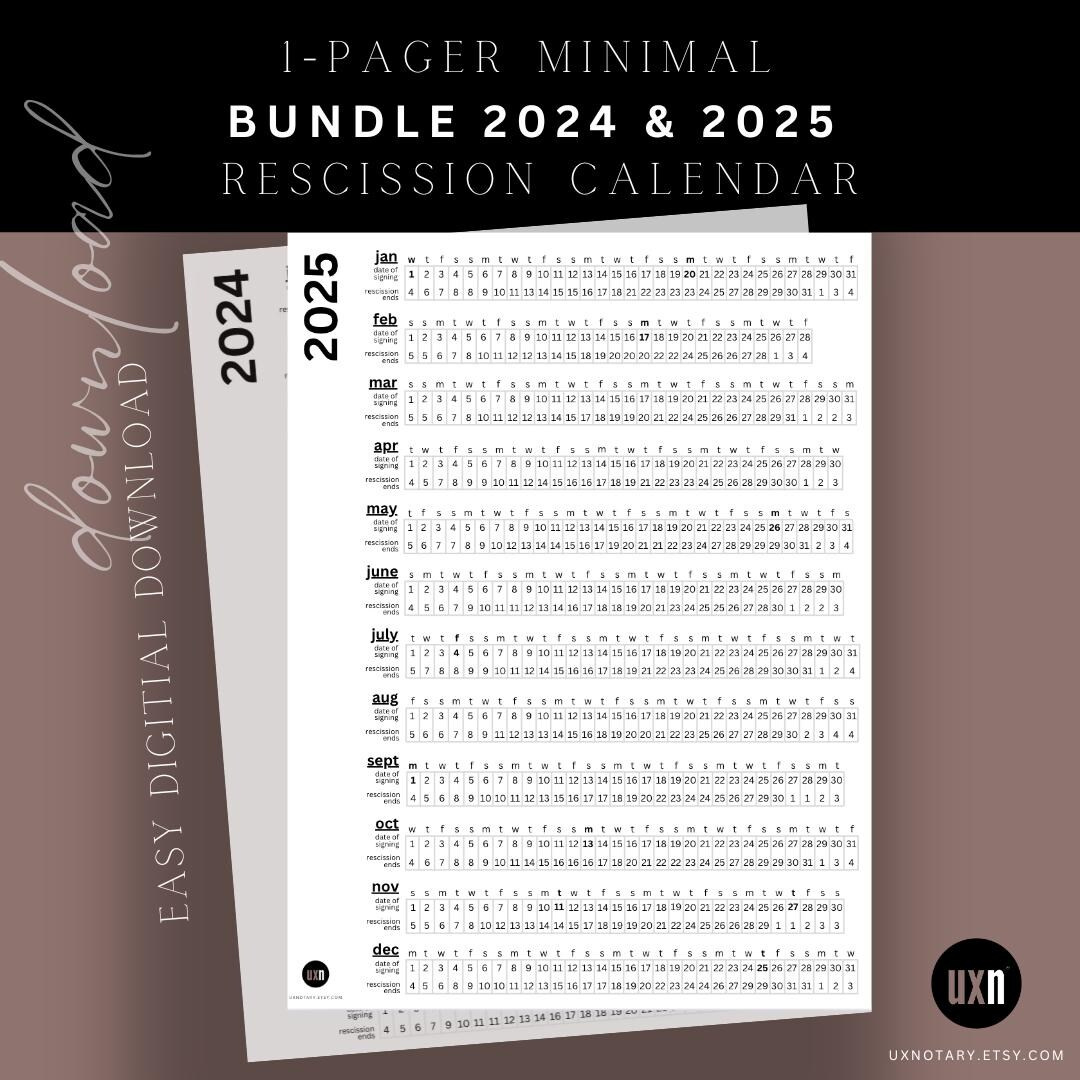 Bundle 2024 &amp;amp; 2025 Rescission Calendar Minimal Design Loan Signing throughout 2025 Rescission Calendar Printable