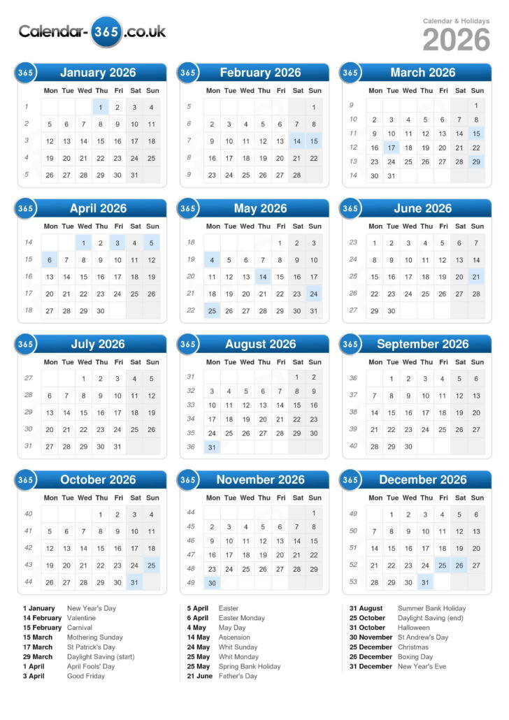 Printable Calendar 2026 with Holidays