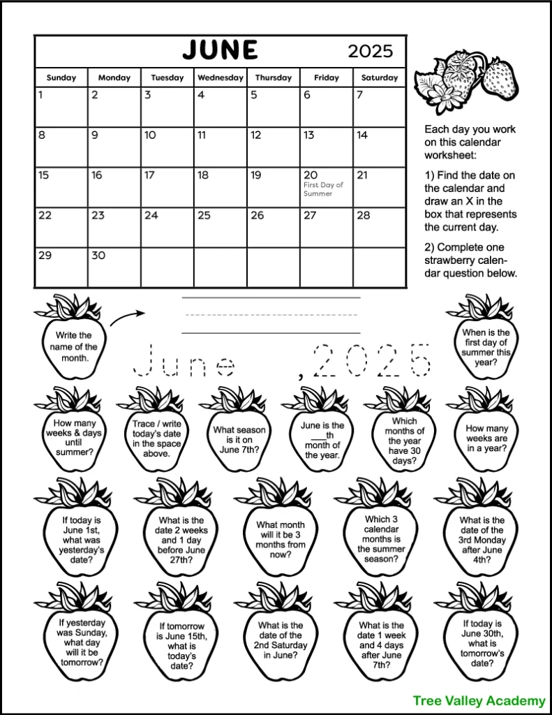 Calendar Worksheet For June 2025 - Tree Valley Academy in Free Printable Calendar 2025 Worksheets For Kindergarten