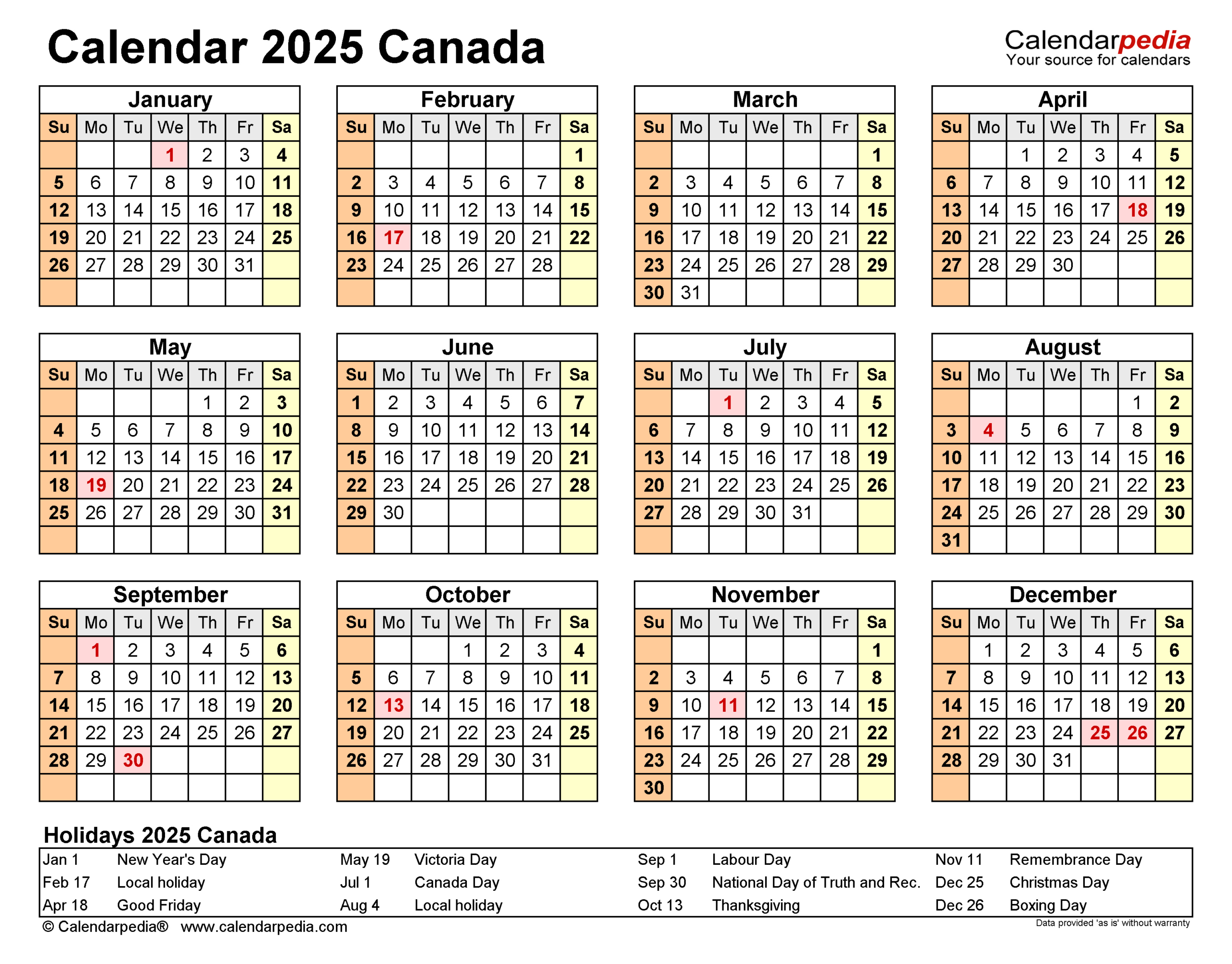 Canada Calendar 2025 - Free Printable Pdf Templates for Calendar 2025 Canada Printable