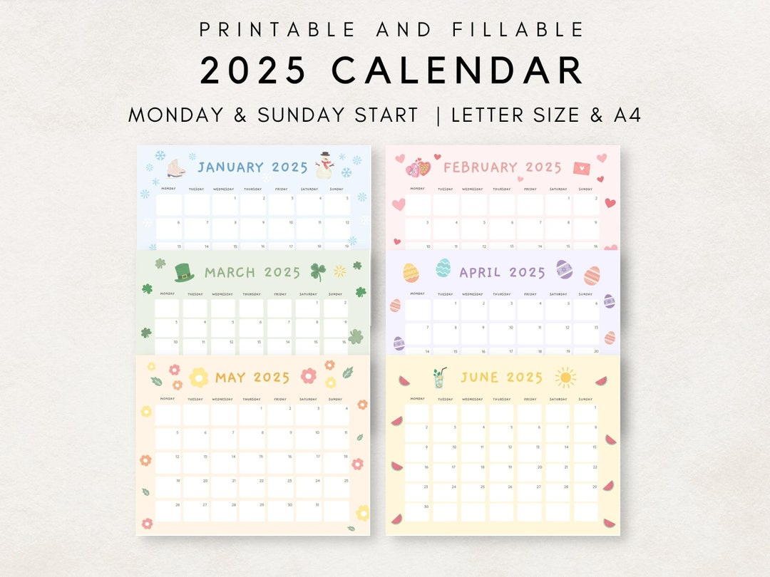 Cute 2025 Calendar Printable, Monthly Calendar 2025, 2025 Planner in Cute 2025 Printable Calendar