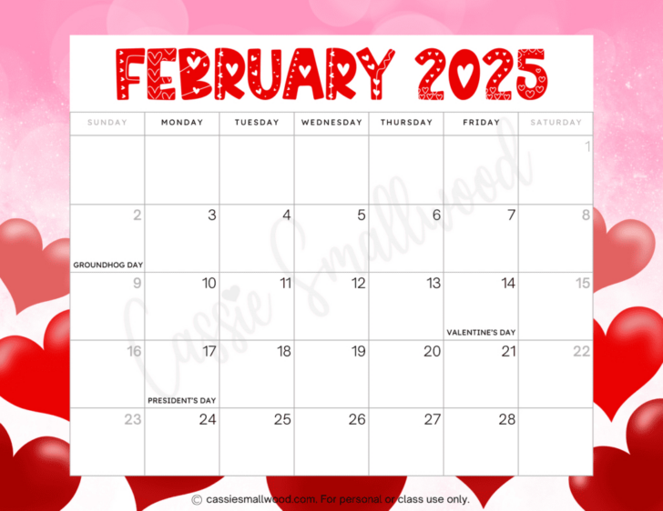 Free Feb 2025 Calendar Printable