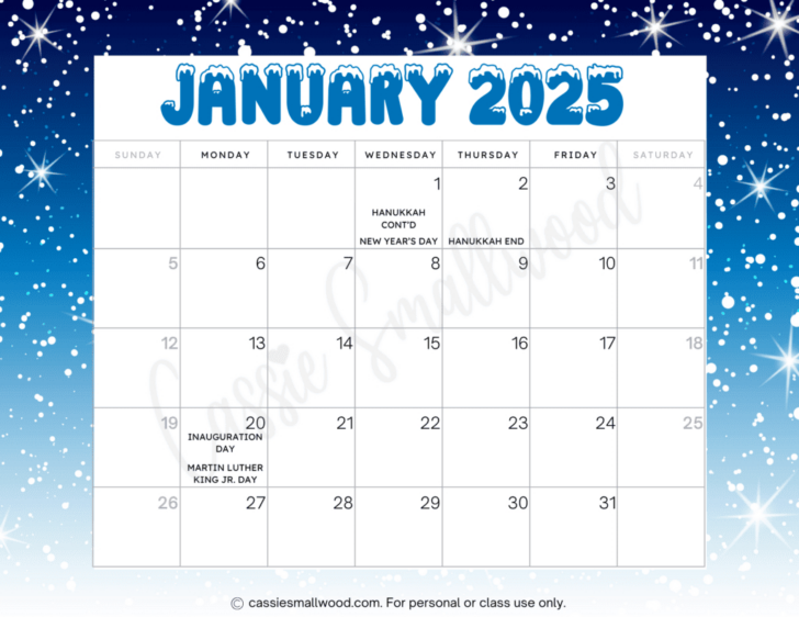 2025 Monthly Calendar with Holidays Printable