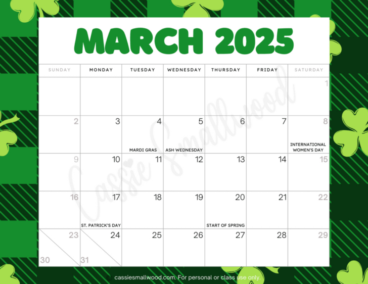 March 2025 Calendar Printable with Holidays