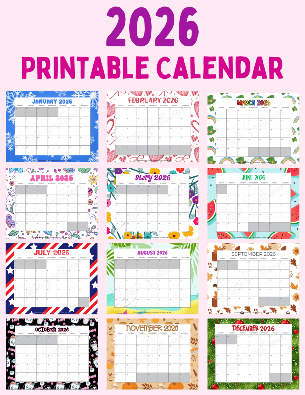 Cute Free Printable 2026 Monthly Calendar - Cassie Smallwood within Free Printable 2026 Calendar By Month