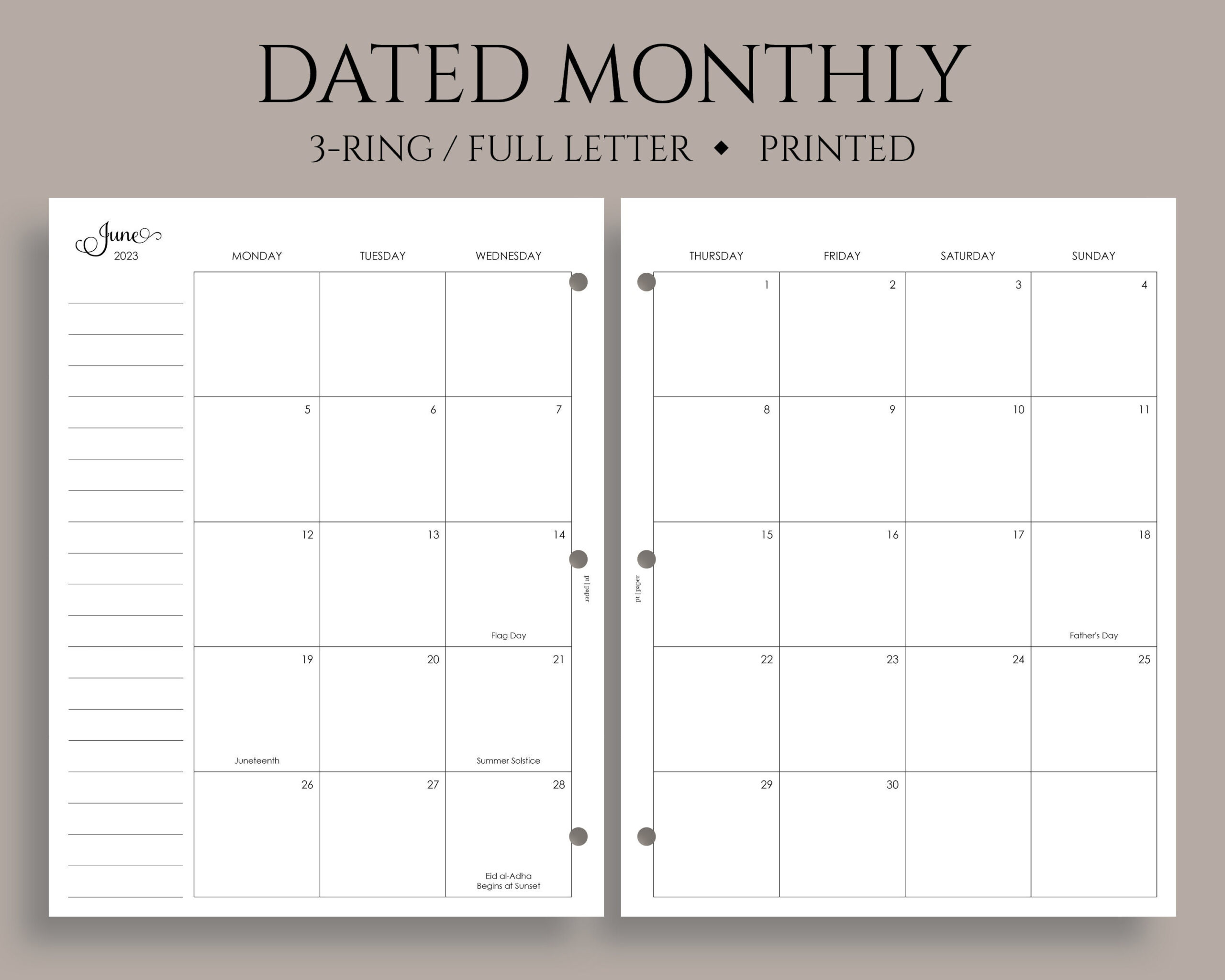 Dated Monthly Calendar Planner Inserts, Monday Start, Optional intended for 3 Ring Binder Calendar Printable