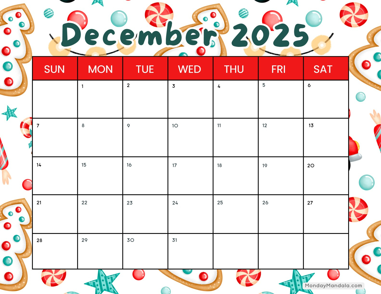 December 2025 Calendar (52 Free Pdf Printables) for Printable Advent Calendar 2025 Free