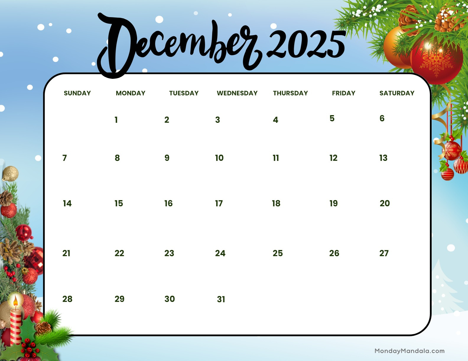 December 2025 Calendar (52 Free Pdf Printables) with regard to Blank Printable Advent Calendar 2025