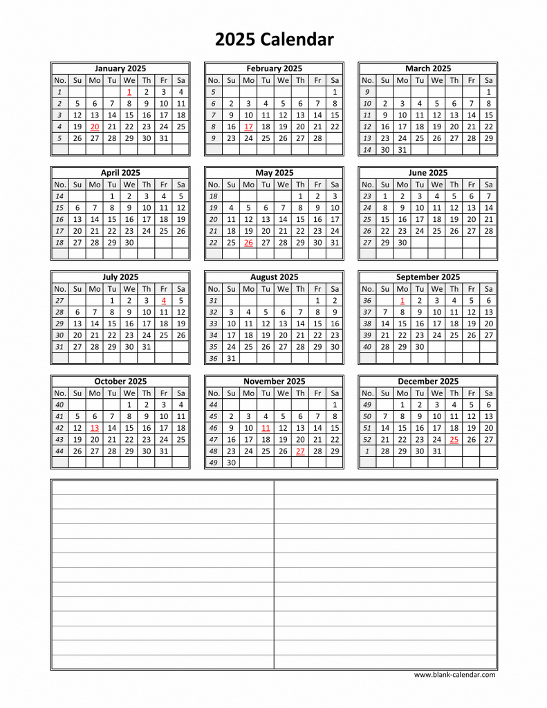 Download Blank Calendar 2025 With Space For Notes (12 Months On for 12 Month Calendar 2025 On One Page Printable