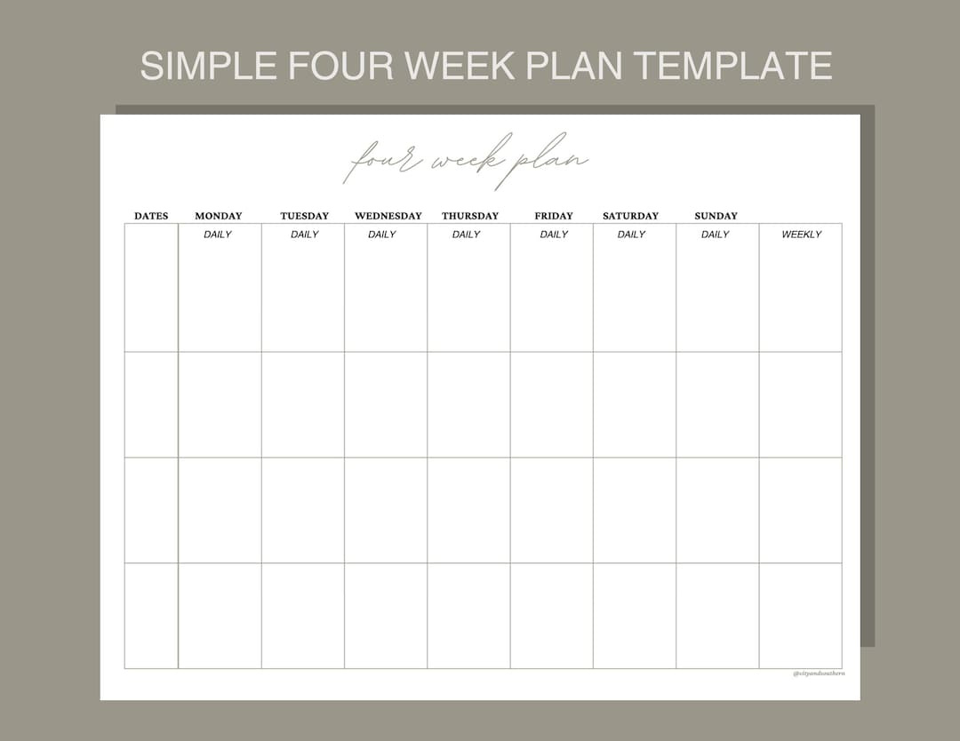 Four Week Plan Template - Etsy in 4 Week Calendar Printable