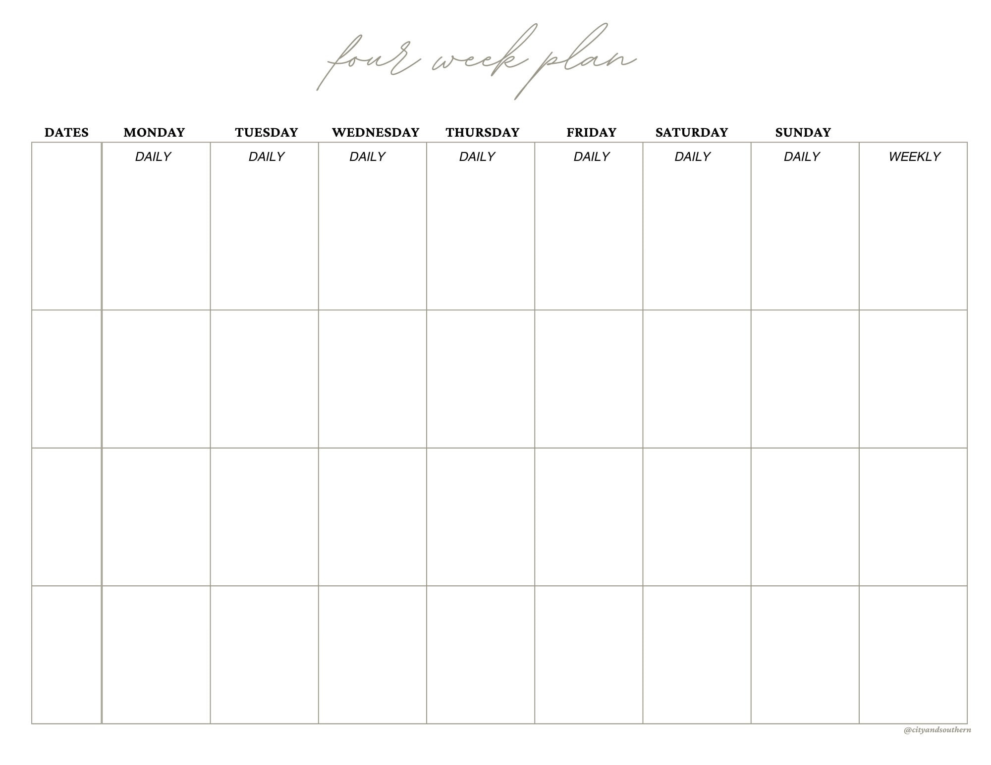 Four Week Plan Template - Etsy intended for 4 Week Calendar Printable