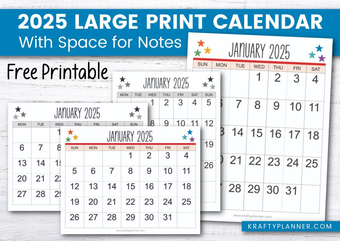 Free 2025 Large Print Calendar With Notes — Krafty Planner within Printable Calendar 2025 Large Spaces