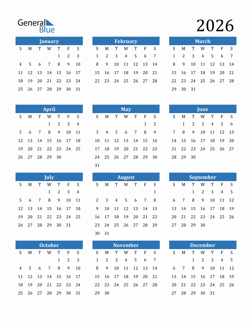 Free 2026 Calendars In Pdf, Word, Excel pertaining to 2026 Calendar Printable One Page