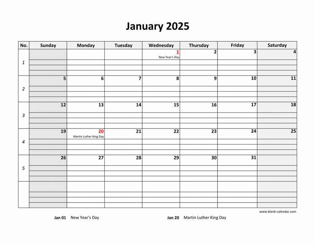 Free Download Printable Calendar 2025, Large Box Grid, Space For Notes intended for Printable Calendar 2025 Grid Blank