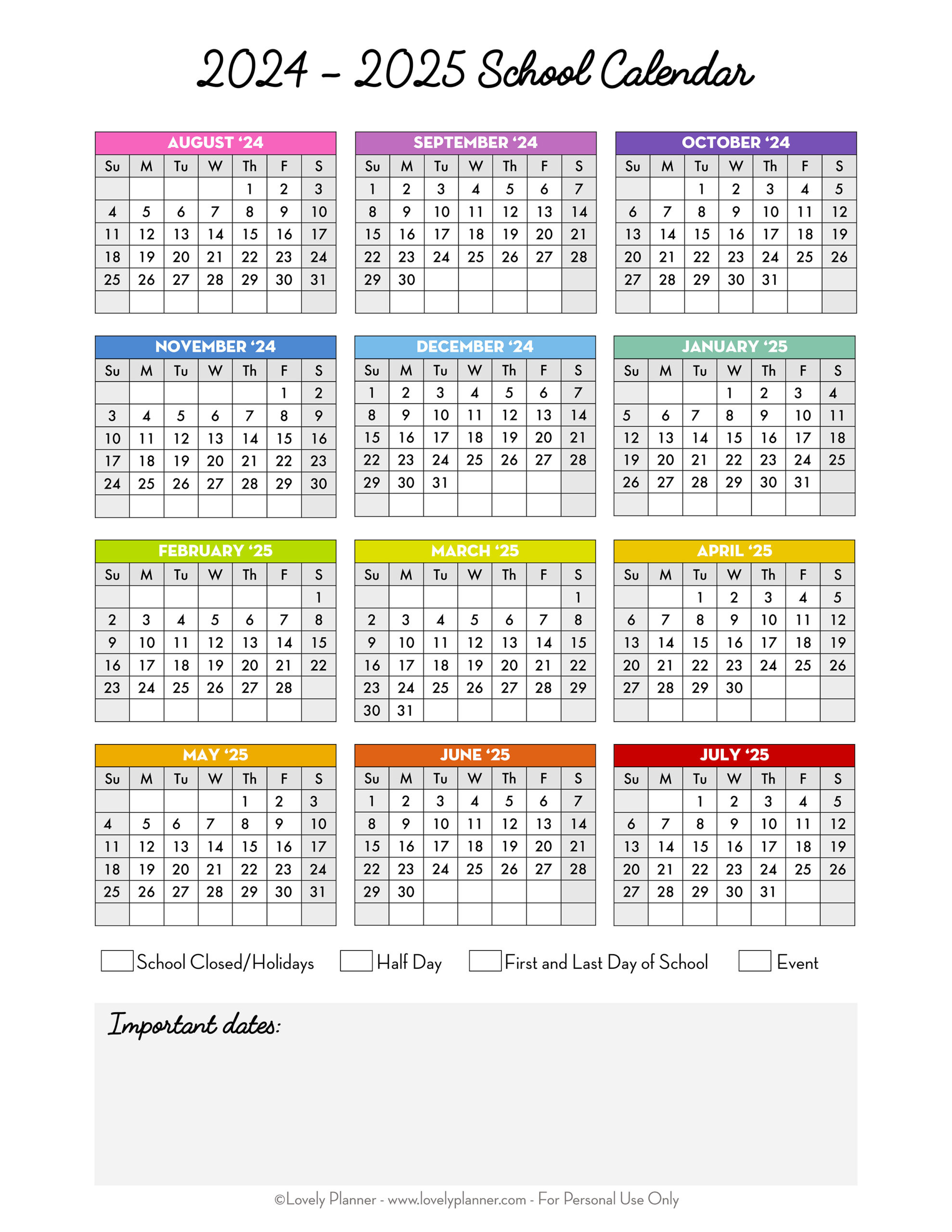 Free Printable 2024-2025 School Calendar - One Page Academic in Countdown Calendar 2025 Printable Free