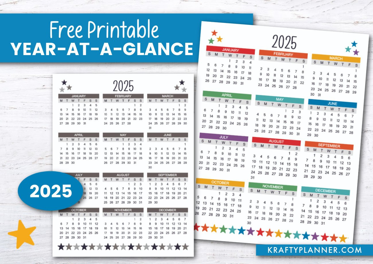 Free Printable 2025 Year-At-A-Glance — Krafty Planner for Free Printable Year At A Glance Calendar 2025