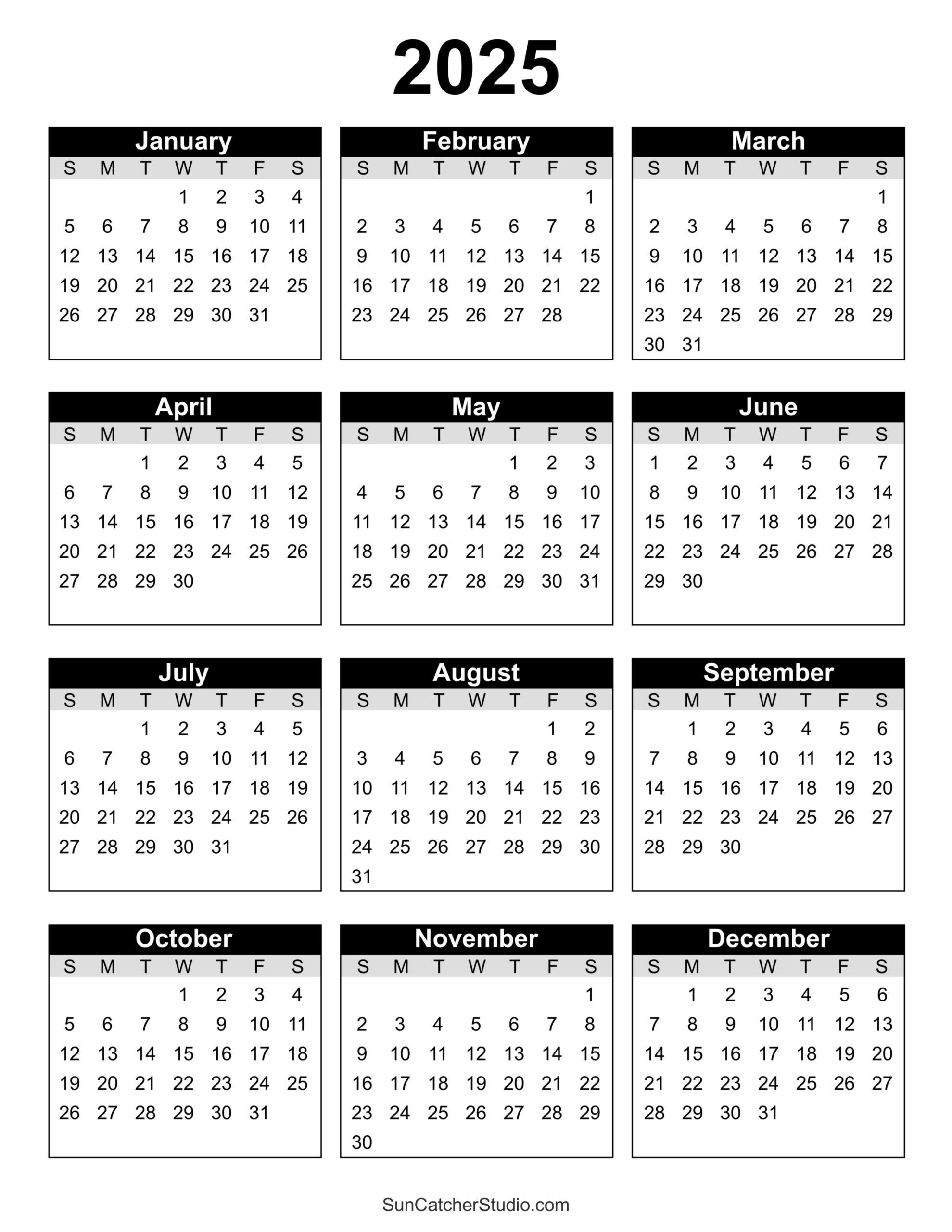 Free Printable 2025 Yearly Calendar – Diy Projects, Patterns for 12 Month Calendar 2025 Printable