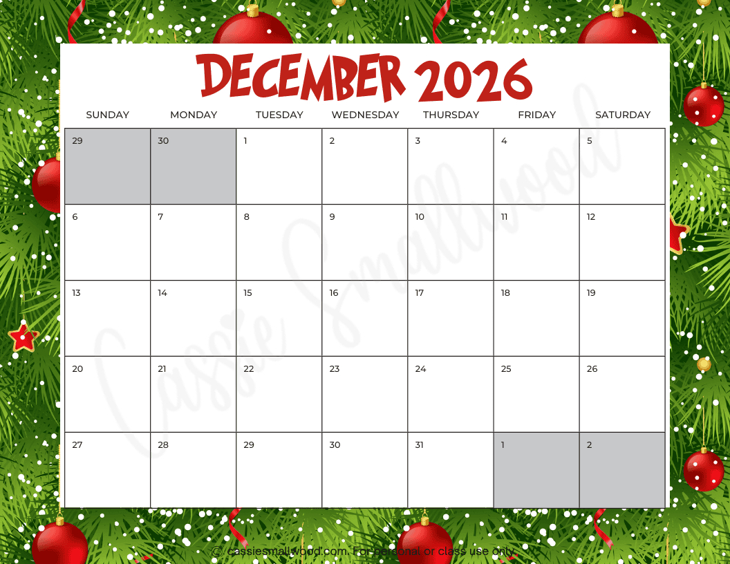 Free Printable 2026 December Calendar - Cassie Smallwood in Free Printable 2026 Calendar By Month