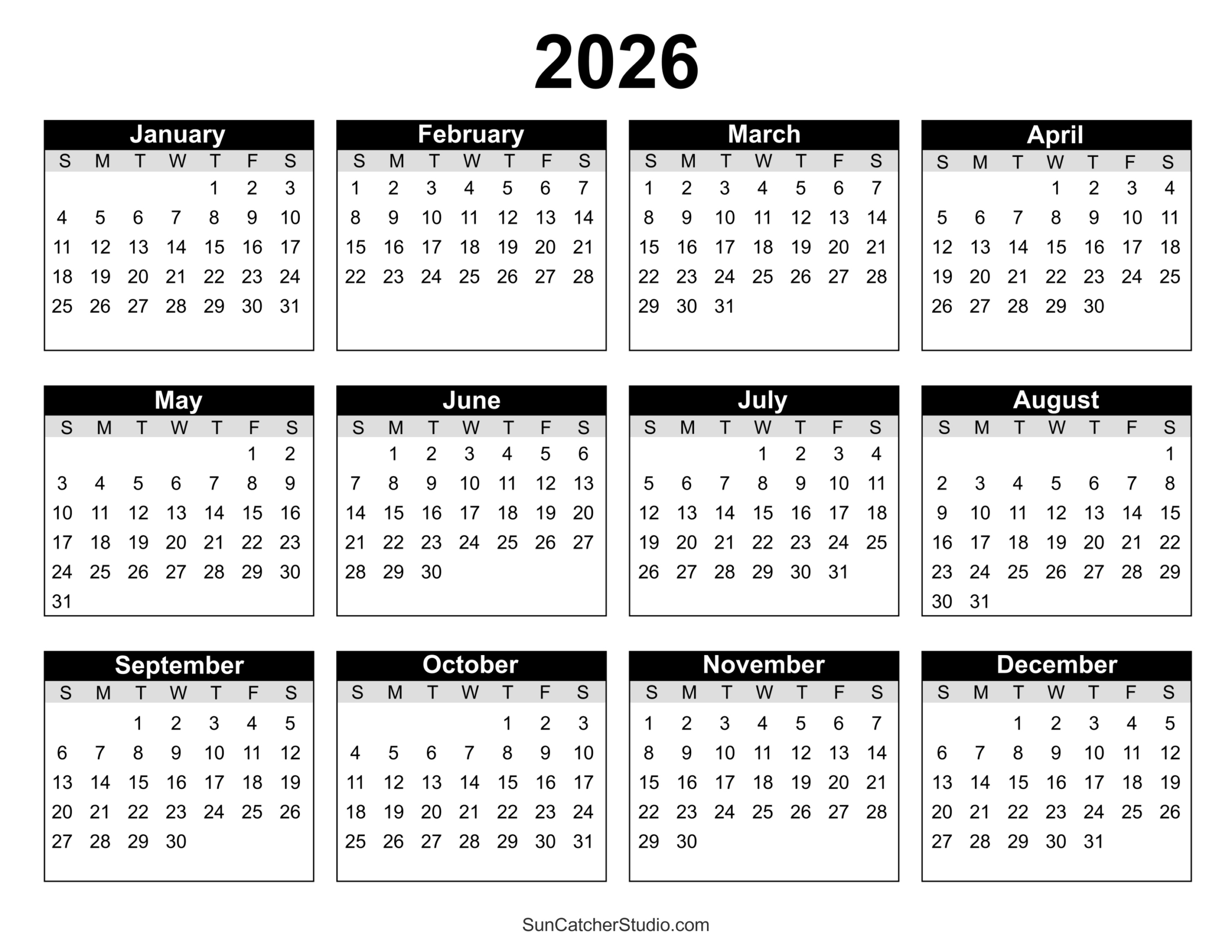 Free Printable 2026 Yearly Calendar – Diy Projects, Patterns for 2026 Calendar Printable One Page