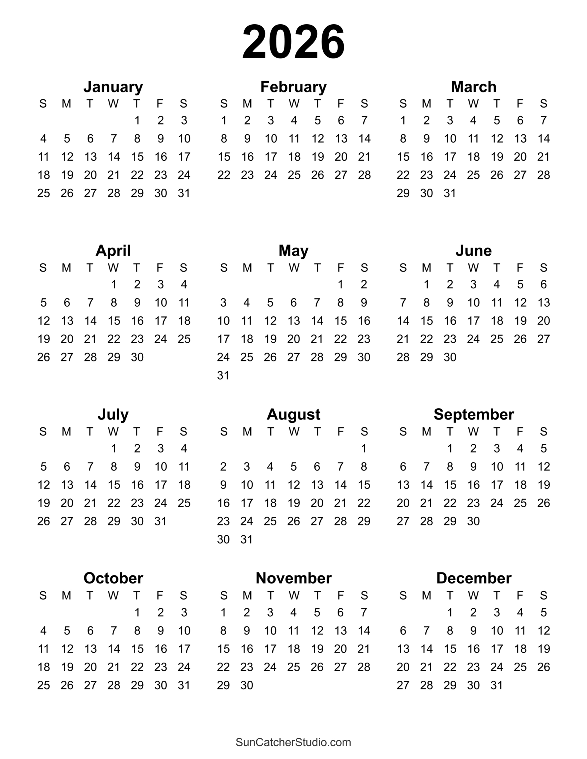 Free Printable 2026 Yearly Calendar – Diy Projects, Patterns for 2026 Free Printable Calendar