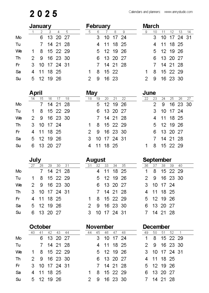 Calendar 2025 Numbers Printable