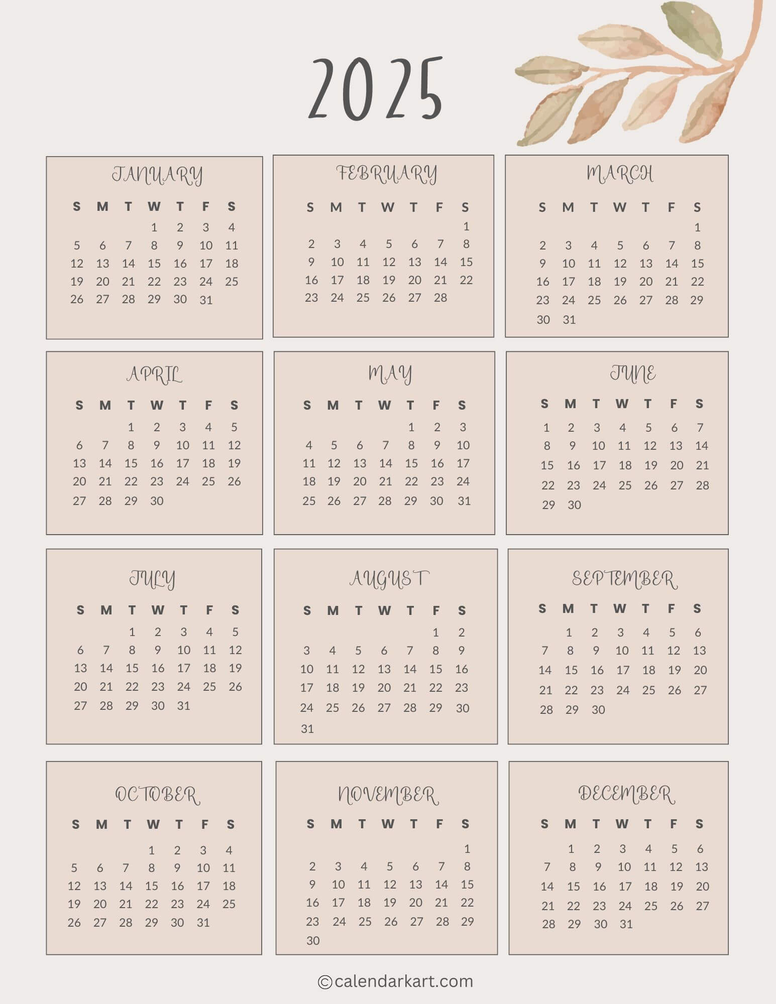 Free Printable Year At A Glance Calendar 2025 - Calendarkart inside 2025 Year at a Glance Printable Calendar