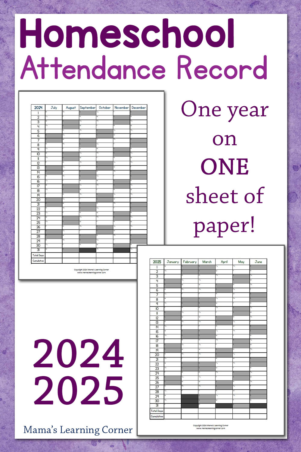 Homeschool Attendance Record 2024-2025 - Mamas Learning Corner with regard to 2025 Attendance Calendar Printable Free