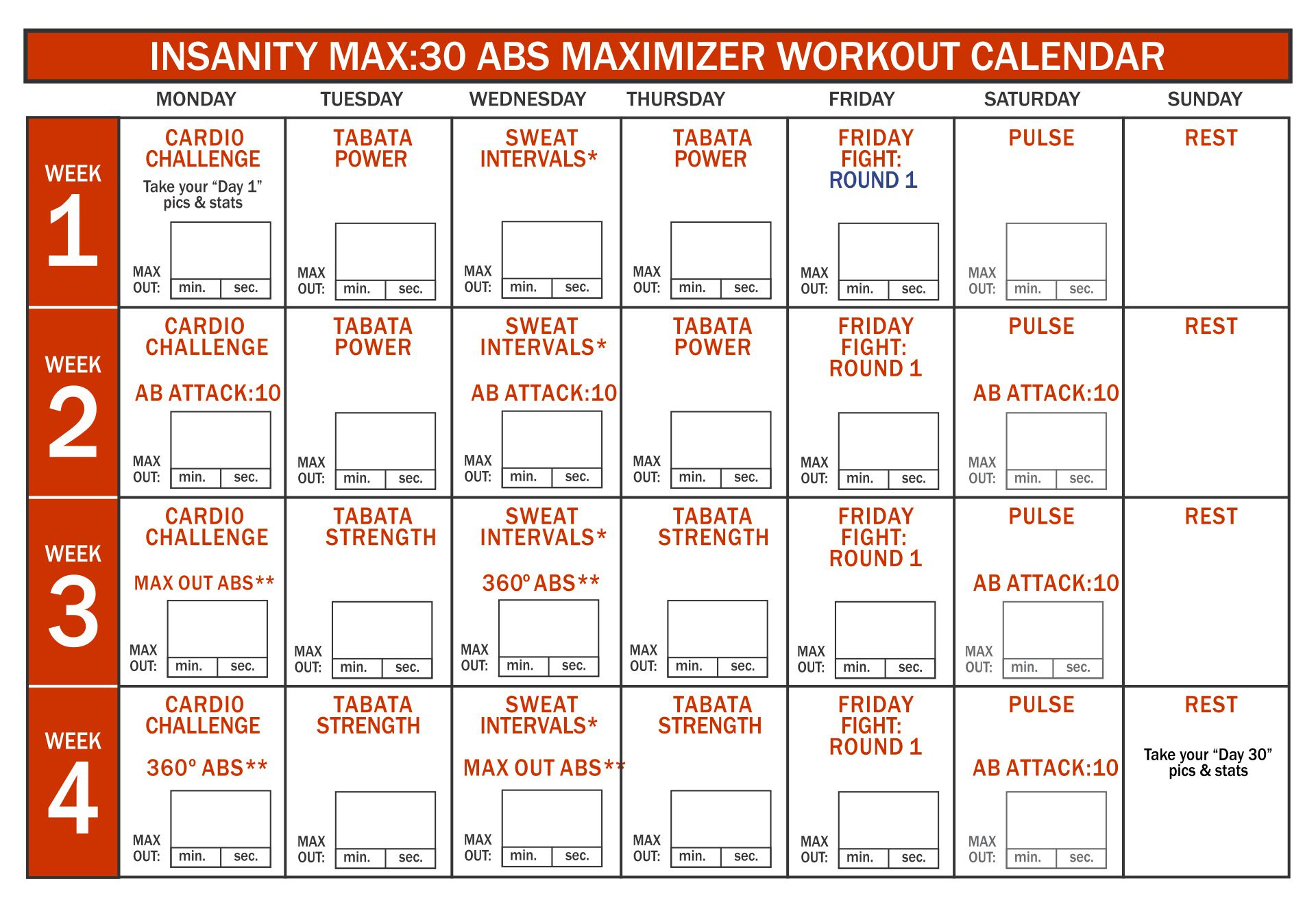 Insanity Max Deals 30 Cardio Challenge with Insanity Workout Calendar 2025 Printable