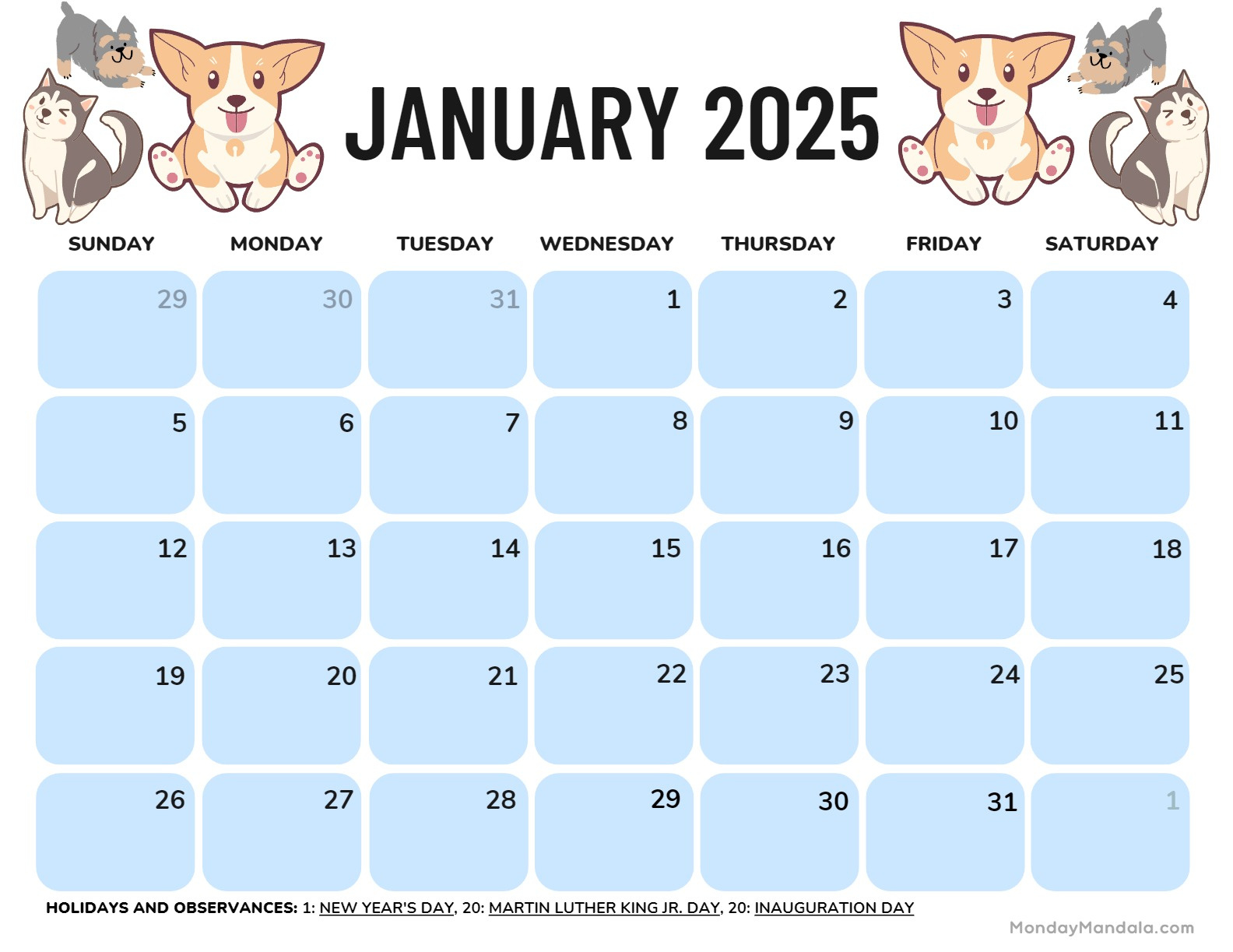 January 2025 Calendar (52 Free Pdf Printables) for Free Printable Dog Calendar 2025